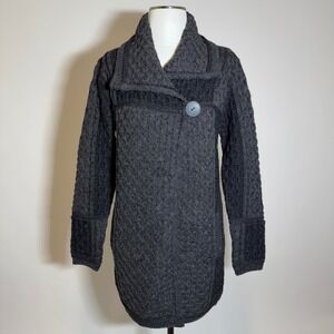 Inis Crafts Ireland Merino Wool Cardigan Sweater Cable Knit Gray Womens Medium M